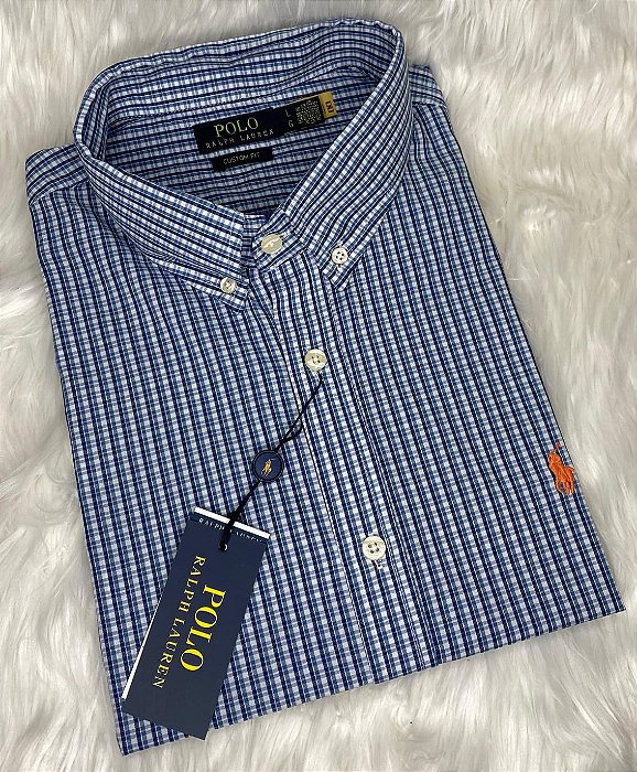 Camisa Ralph Lauren Multicolor Manga Curta Listra Marinho Logo Clássico Laranja