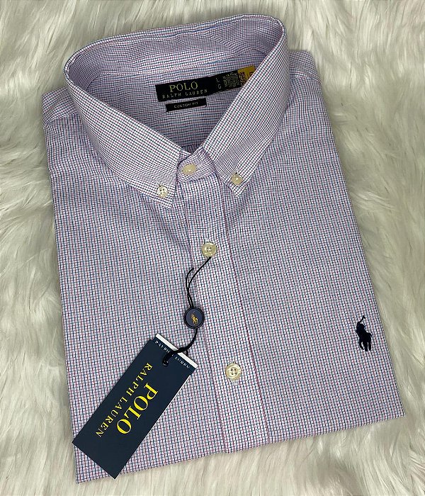Camisa Ralph Lauren Micro Xadrez Manga Curta Listras Azul Logo Clássico Marinho