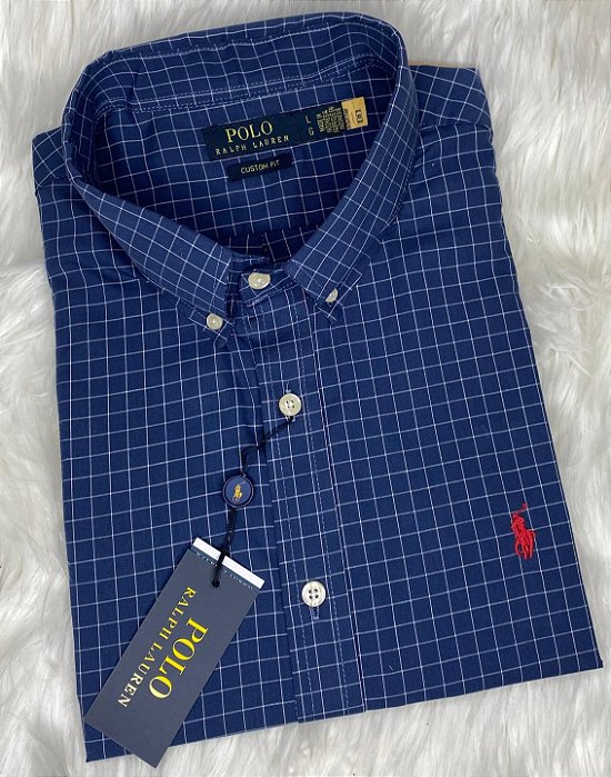 Camisa Ralph Lauren Quadriculada Manga Curta Marinho Acero Logo Clássico Vermelho