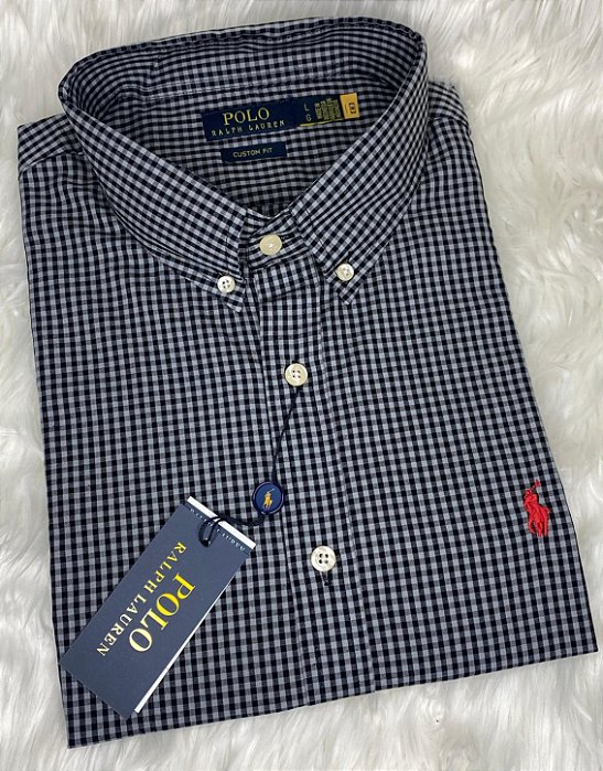 Camisa Ralph Lauren Xadrez Manga Curta Preto Logo Clássico Vermelho