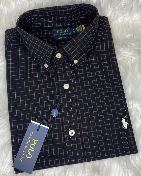 Camisa Ralph Lauren Xadrez Manga Curta Preto Listra Laranja Logo Clássico Branco