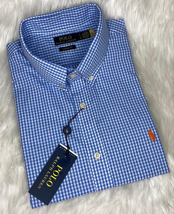 Camisa Ralph Lauren Xadrez Manga Curta Azul Claro Logo Clássico Laranja