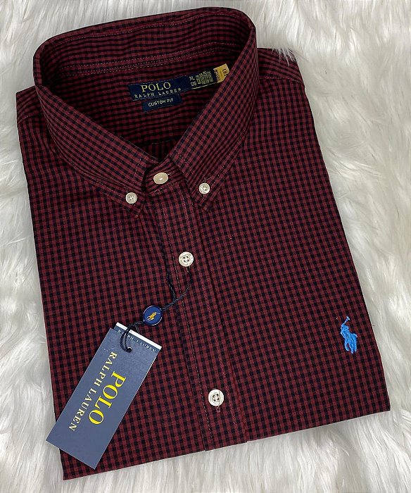 Camisa Ralph Lauren Xadrez Manga Curta Bordo Listra Preto Logo Clássico Celeste