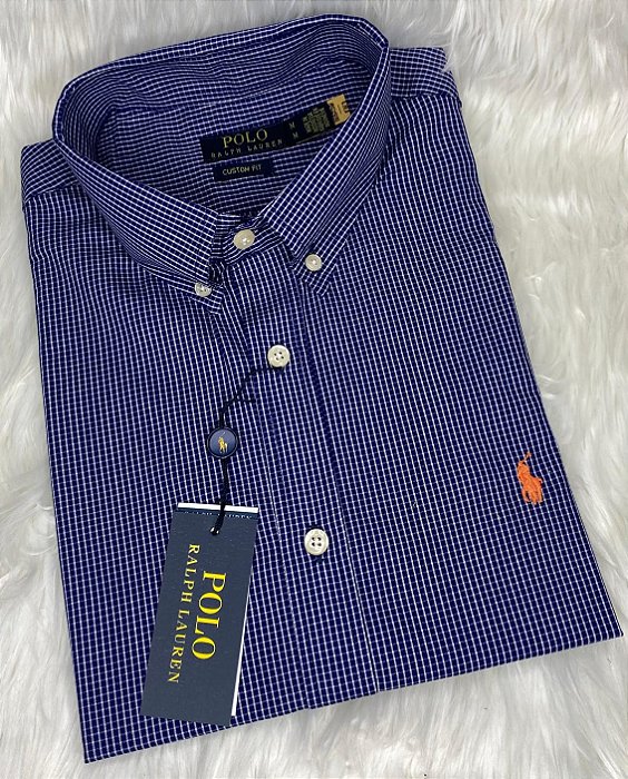 Camisa Ralph Lauren Quadriculada Manga Curta Marinho Logo Clássico Laranja