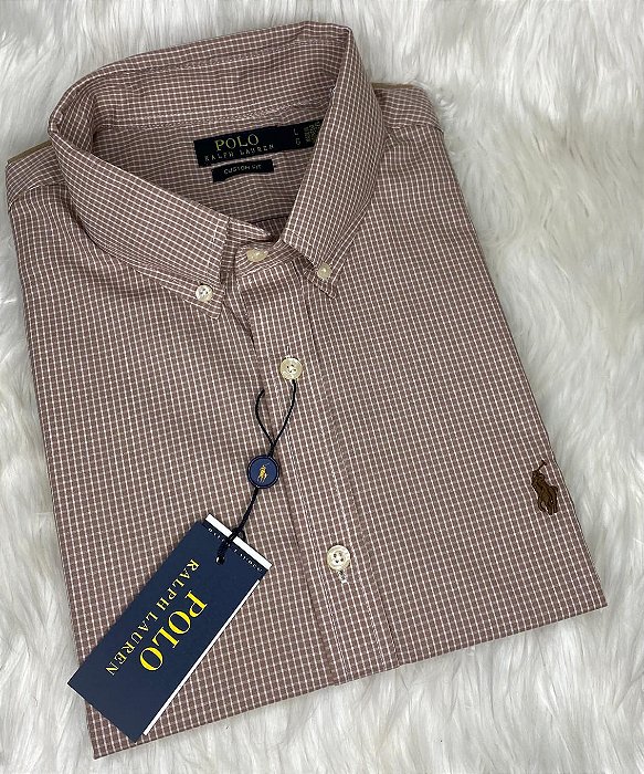 Camisa Ralph Lauren Quadriculada Manga Curta Caqui Logo Clássico Royal