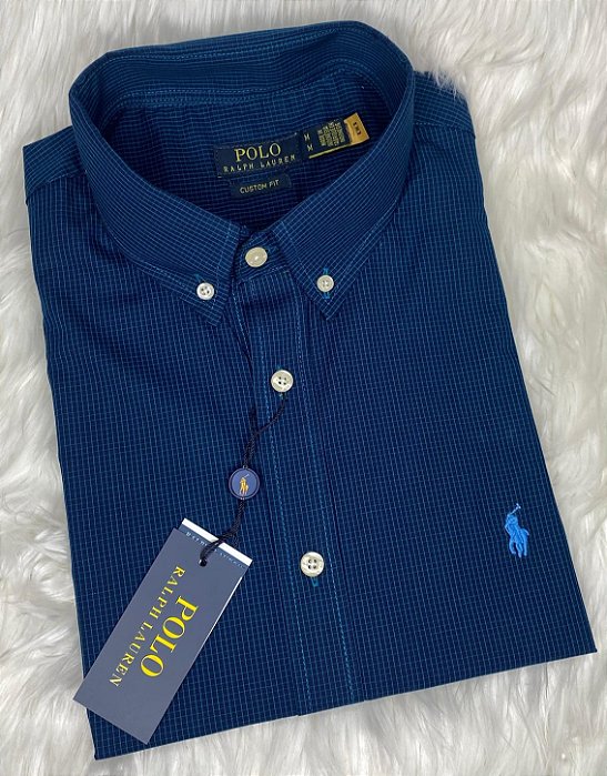 Camisa Ralph Lauren Quadriculada Manga Curta Azul Petróleo Logo Clássico Celeste