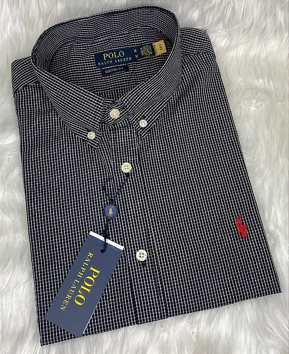 Camisa Ralph Lauren Quadriculada Manga Curta Preto Logo Clássico Vermelho