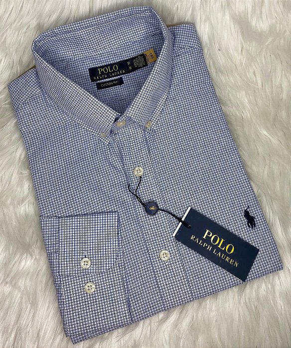 Camisa Ralph Lauren Quadriculada Manga Longa Branco Linha Dupla Clássico Marinho