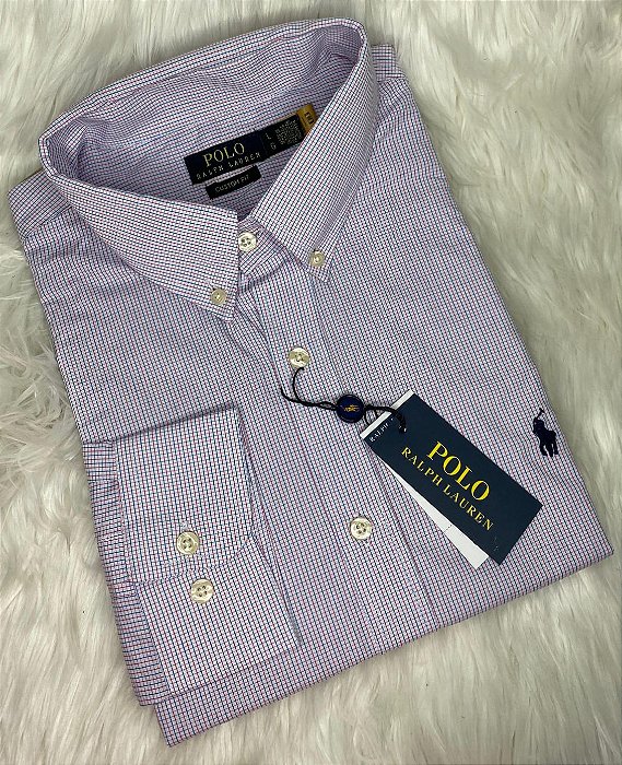 Camisa Ralph Lauren Micro Xadrez Manga Longa Listras Azul Logo Clássico Marinho
