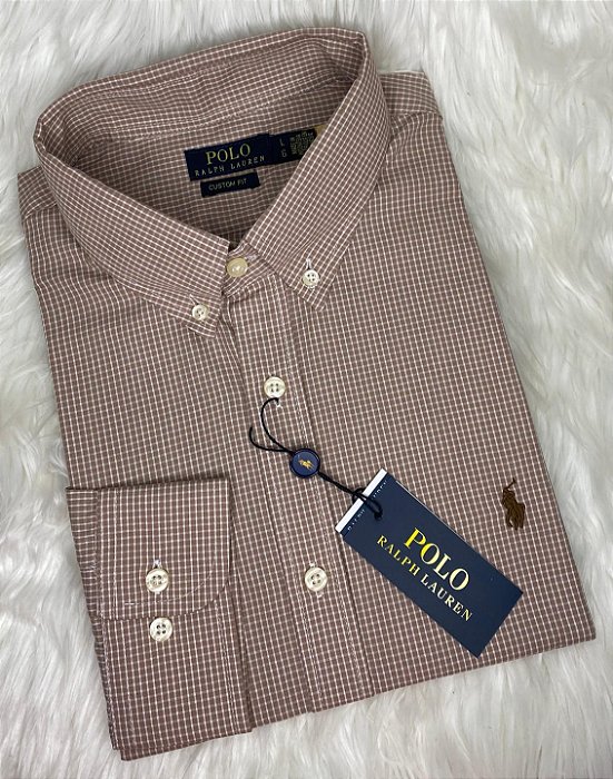 Camisa Ralph Lauren Quadriculada Manga Longa Caqui Logo Clássico Royal