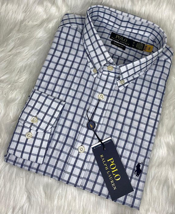 Camisa Ralph Lauren Xadrez Manga Longa Branco Logo Clássico Marinho