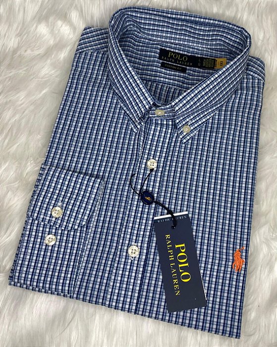 Camisa Ralph Lauren Multicolor Manga Longa Listra Marinho Logo Clássico Laranja