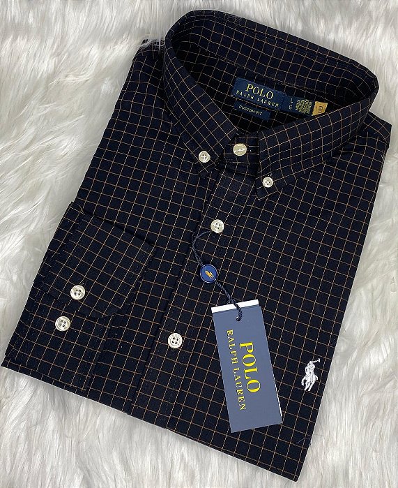 Camisa Ralph Lauren Xadrez Manga Longa Preto Listra Laranja Logo Clássico Branco