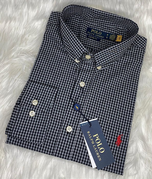Camisa Ralph Lauren Xadrez Manga Longa Chumbo Logo Clássico Vermelho