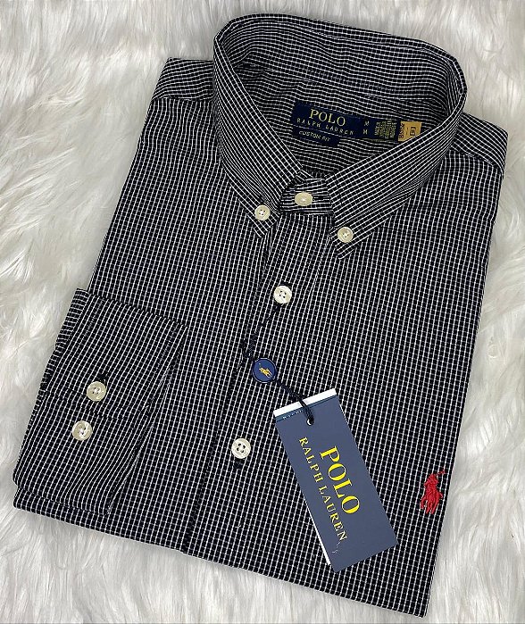 Camisa Ralph Lauren Quadriculada Manga Longa Preto Logo Clássico Vermelho