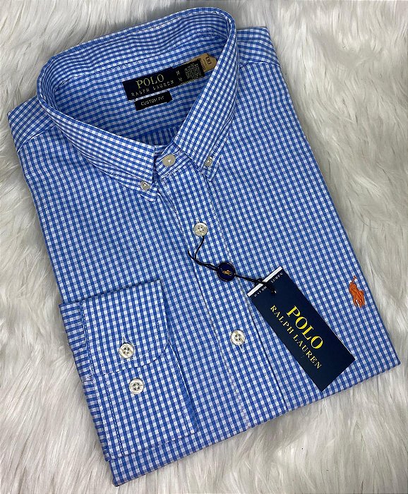 Camisa Ralph Lauren Xadrez Manga Longa Azul Claro Logo Clássico Laranja