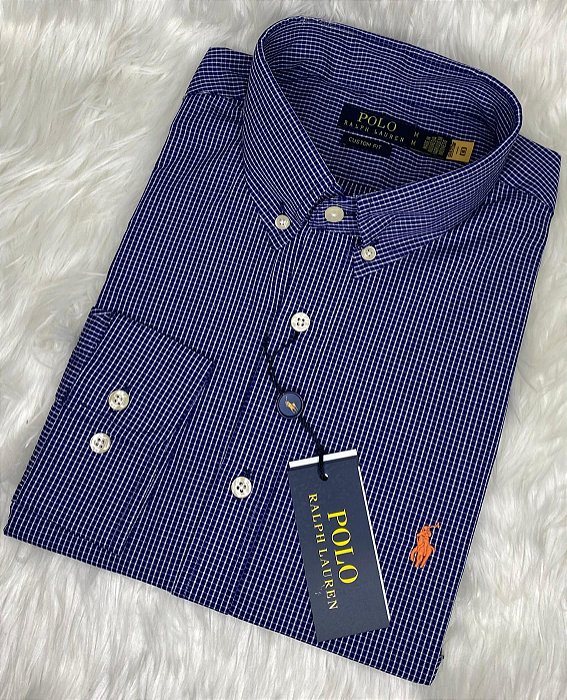 Camisa Ralph Lauren Quadriculada Manga Longa Marinho Logo Clássico Laranja