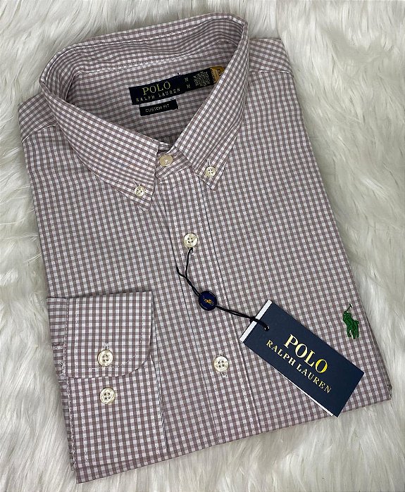 Camisa Ralph Lauren Xadrez Manga Longa Bege Logo Clássico Verde