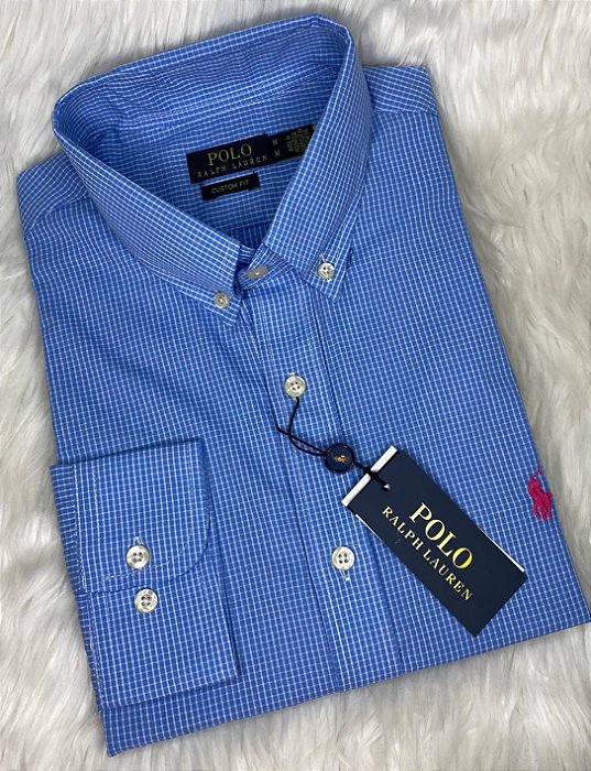 Camisa Ralph Lauren Quadriculada Manga Longa Azul Claro Logo Clássico Rosa