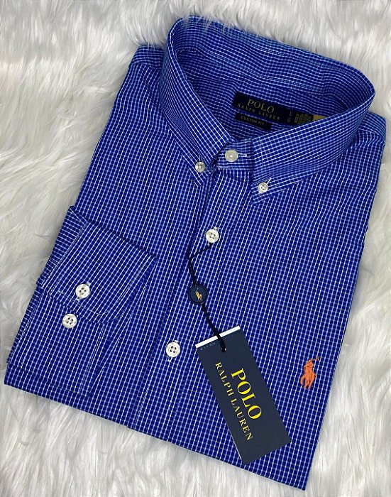Camisa Ralph Lauren Quadriculada Manga Longa Azul Royal Logo Clássico Laranja