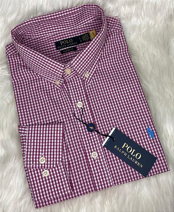Camisa Ralph Lauren Xadrez Manga Longa Bordo Logo Clássico Celeste