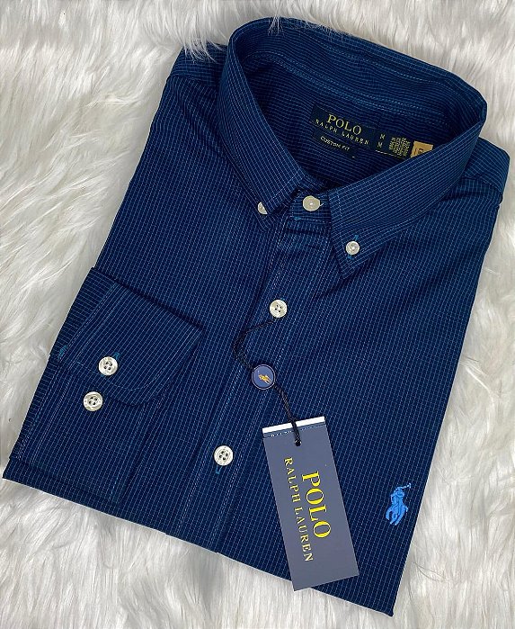 Camisa Ralph Lauren Quadriculada Manga Longa Azul Petróleo Logo Clássico Celeste