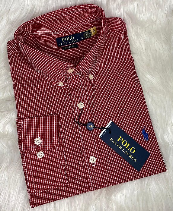 Camisa Ralph Lauren Quadriculada Manga Longa Vermelho Logo Clássico Royal
