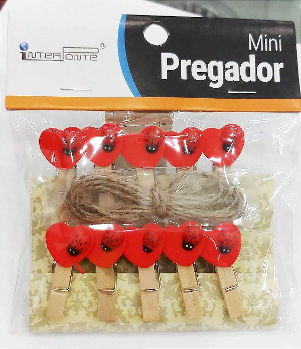 PRENDEDOR MINI MADEIRA HEART JOANINHA 10 PEÇAS
