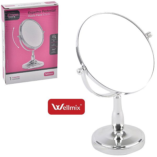 ESPELHO DE MESA REDONDO DUPLA FACE PEDESTAL