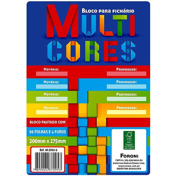 BLOCO PARA FICHÁRIO 96FLS MULTI CORES FORONI FSC