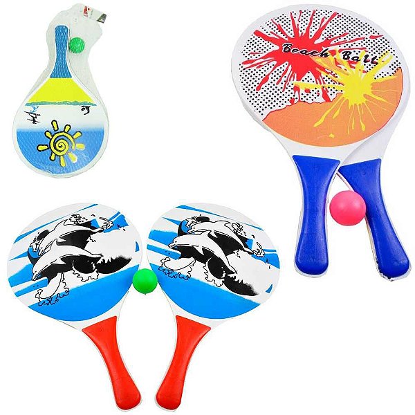 KIT FRESCOBOL 2 RAQUETES DE MADEIRA + BOLINHA