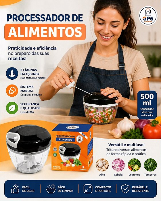 Processador Manual de Alimentos 500ml com 3 Lâminas em Aço Inox – Triturador Multiuso para Alho, Legumes e Frutas