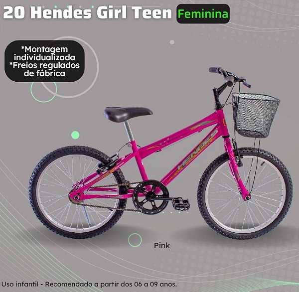 BICICLETA BIKE 20 GIRL HENDES TEEN PINK COM CESTA
