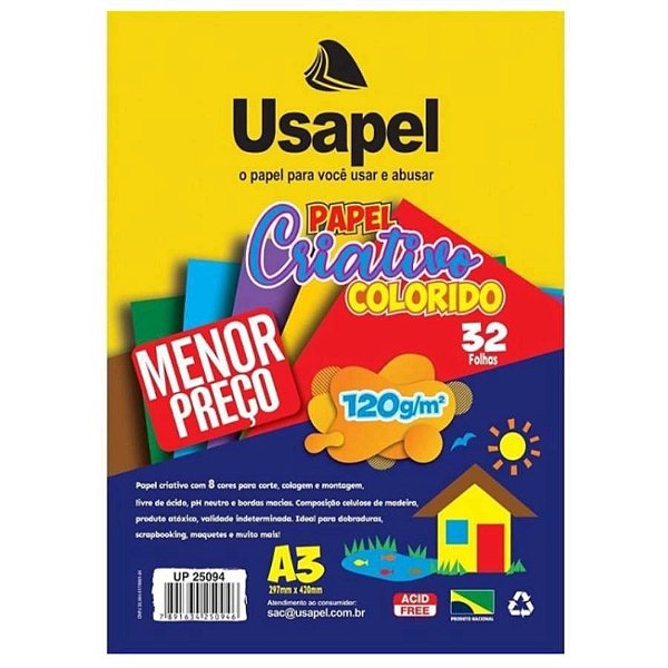 BLOCO USAPEL PAPEL CRIATIVO 8CORES 120G/M2 297X420