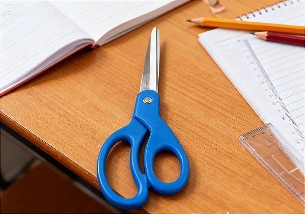 Tesoura Escolar Neon Curva Azul 13cm BRW – Ponta Arredondada, Segura e Ergonômica