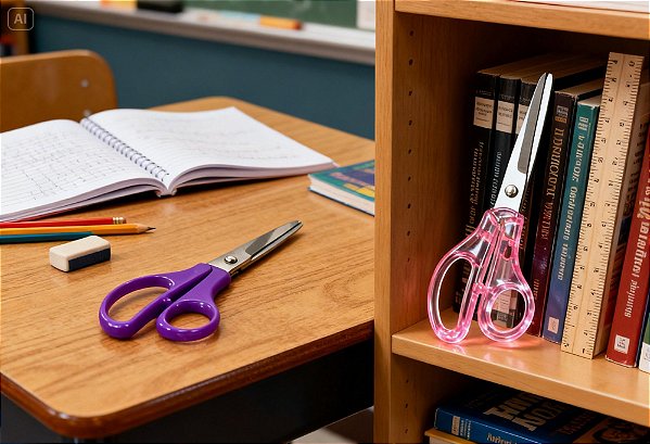 Tesoura Escolar Cabo Transparente roxo / rosa Acrilex – Aço Inox, Ponta Arredondada e Segura