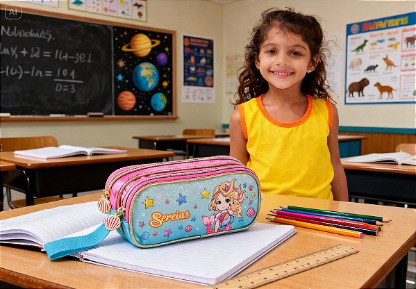 Estojo Duplo Sereias Clio Style 4013 – 2 Compartimentos com Zíper | Infantil