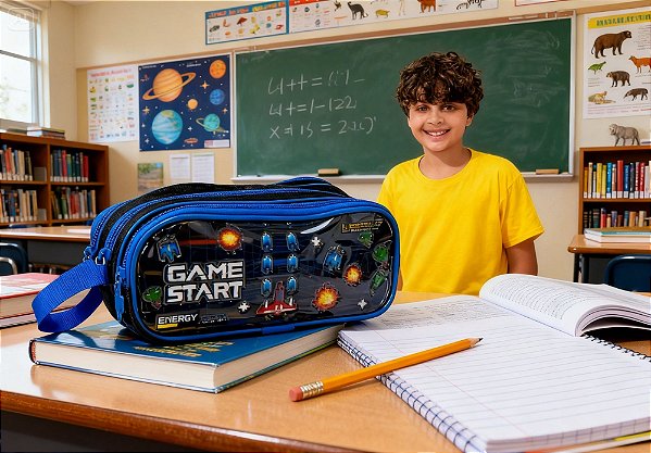 Estojo Triplo Video Game VD24682T 7571 – 3 Compartimentos com Zíper | Escolar Juvenil