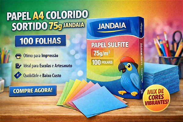 Papel A4 Colorido Sortido 75g Jandaia 100 Folhas | Mix de Cores para Impressão e Artes