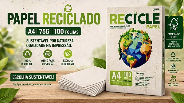 Papel A4 Reciclado 75g 100 Folhas FSC | Sustentável para Impressão e Escritório