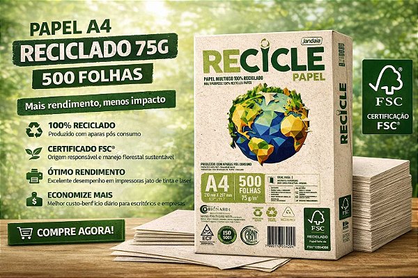 Papel A4 Reciclado 75g 500 Folhas FSC | Resma Sustentável para Impressão