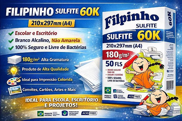 Papel Sulfite A4 180g Filipinho 60K 50 Folhas | Alta Gramatura para Impressão Premium