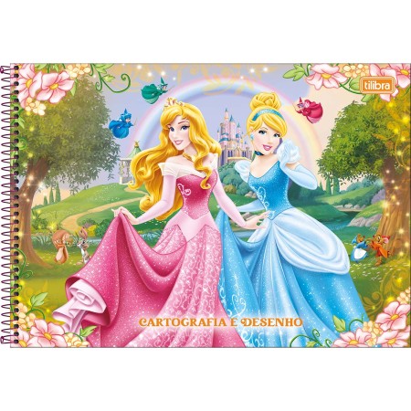 Caderno Espiral Cartografia e Desenho Princesas 80 Folhas Sem Seda | Capa Dura Infantil