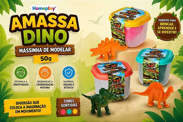 Massinha de Modelar 50g Amassa Dino Sortido Divertido Homeplay – Brinquedo Infantil Criativo
