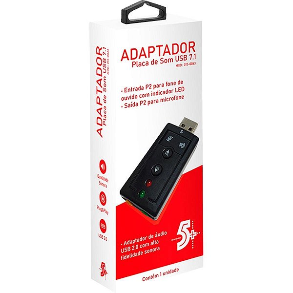 Adaptador Placa de Som USB 7.1 com Entrada P2 Fone e Microfone para PC e Notebook