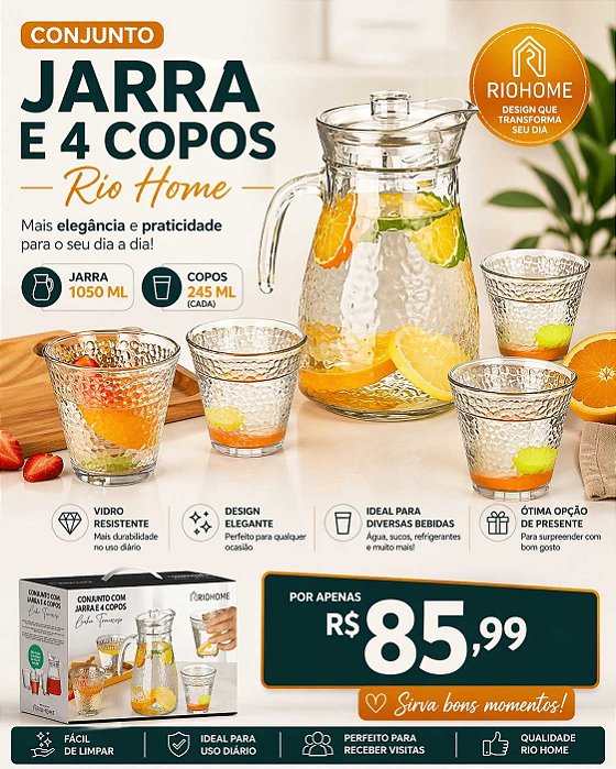 Conjunto com Jarra 1050ml + 4 Copos 245ml Rio Home – Kit de Bebidas em Vidro
