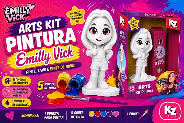 Arts Kit Pintura Emilly Vick Dos Rosa – Boneca para Pintar com 5 Tintas e Pincel – Elka