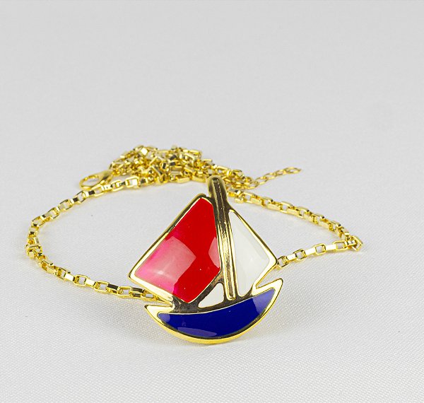 Cordão Delicado Pingente Barco Esmaltado