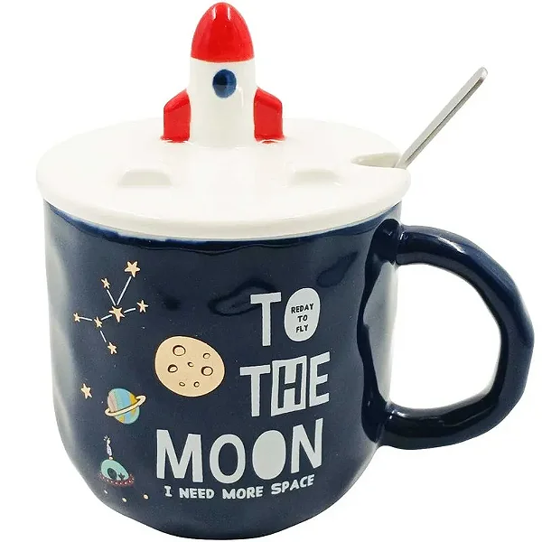 Caneca Foguete C/ Tampa + Colher 360ml em Cerâmica Lila Cosméticos