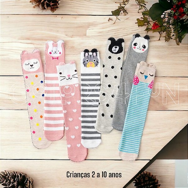 Meias coloridas cano alto infantil par individual cores variadas meninas 2 a 10 anos 40cm